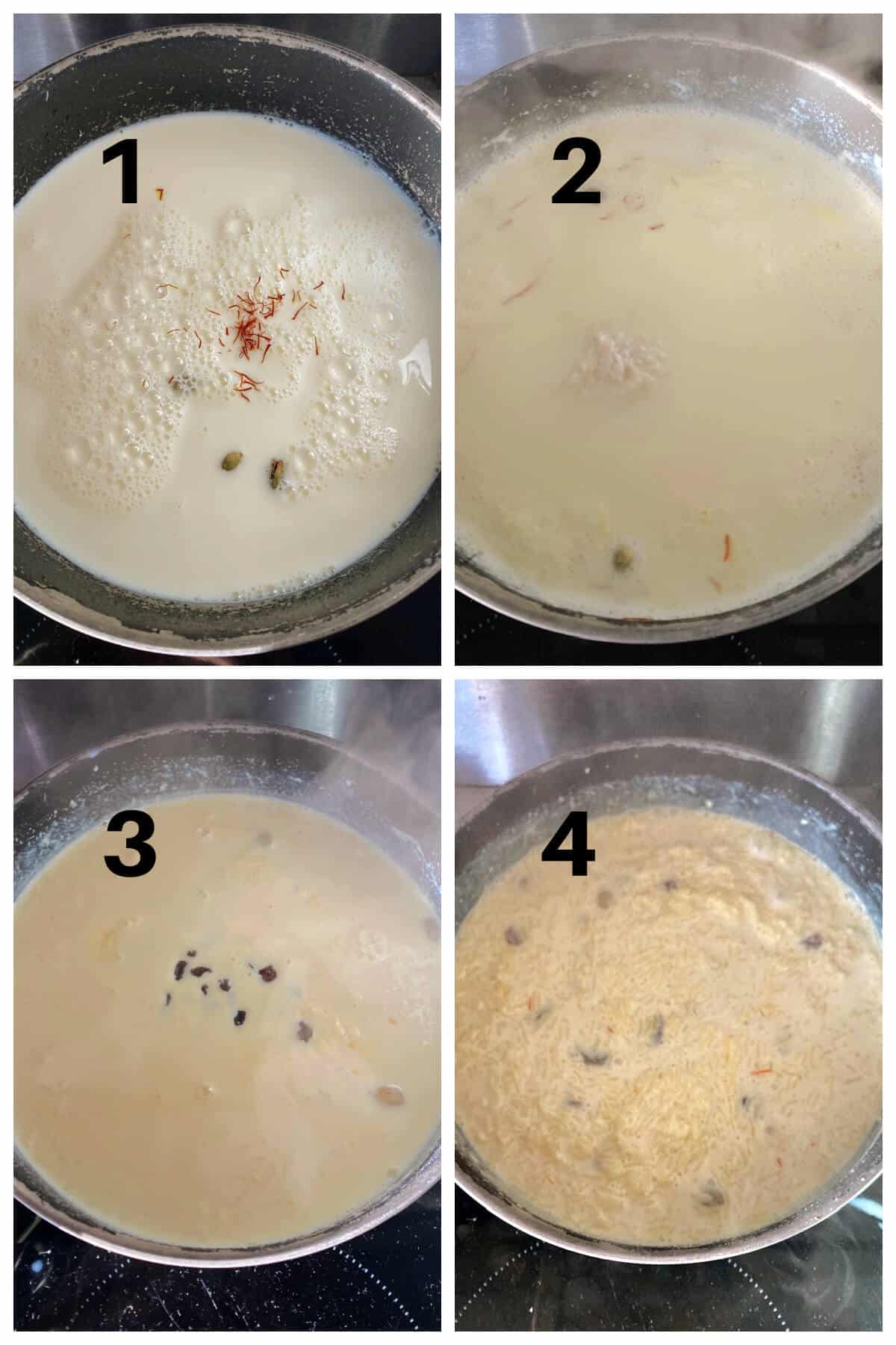 Collage of 4 photos to show how to make Indian kheer.