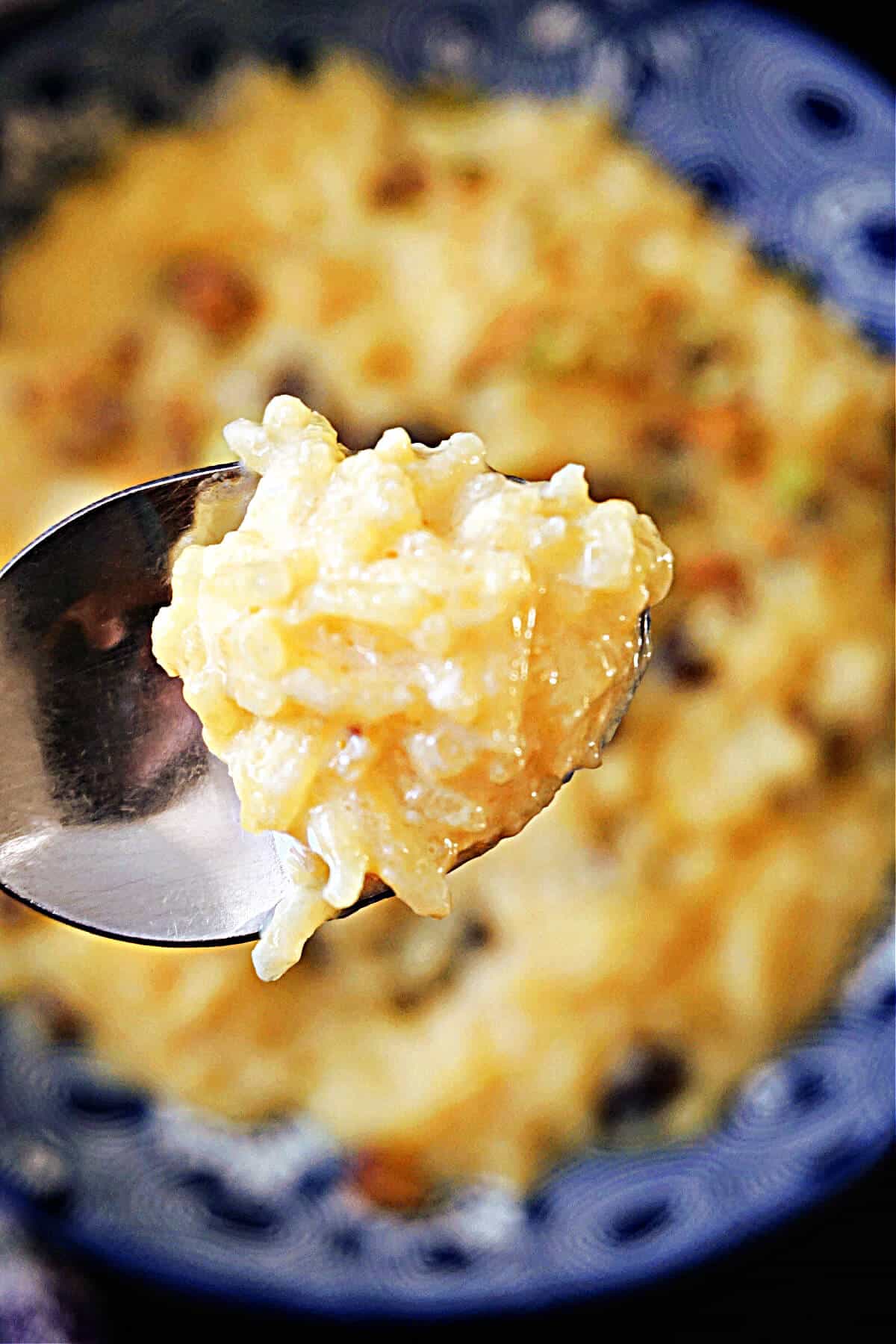 A spoonful of rice pudding over a blur plate with more pudding.