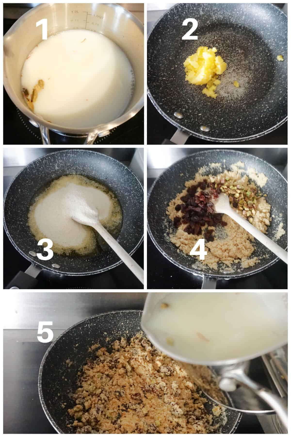 Collage of 5 photos to show how to make Indian semolina pudding.