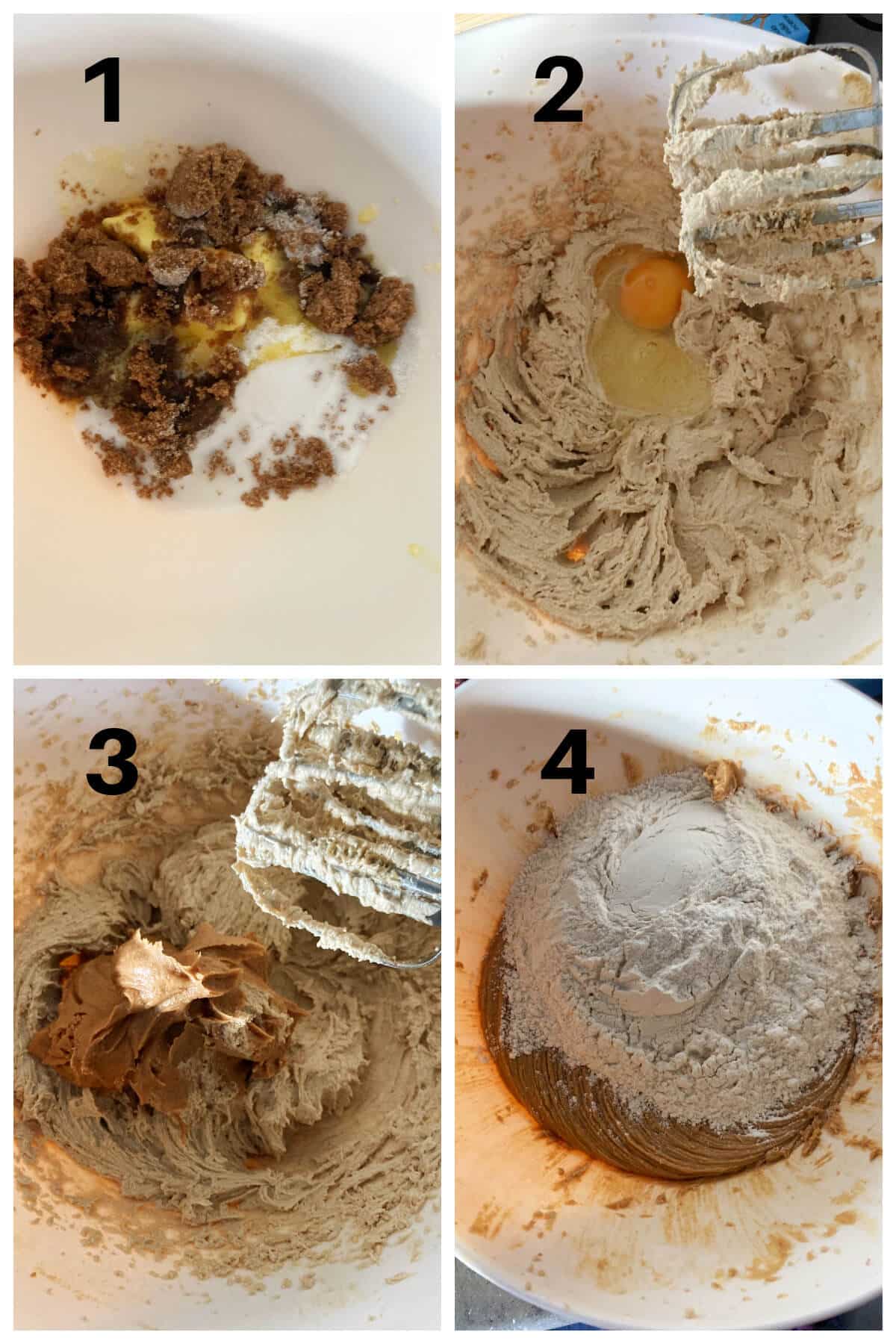 Collage of 4 photos to show how to make peanut butter cookies.