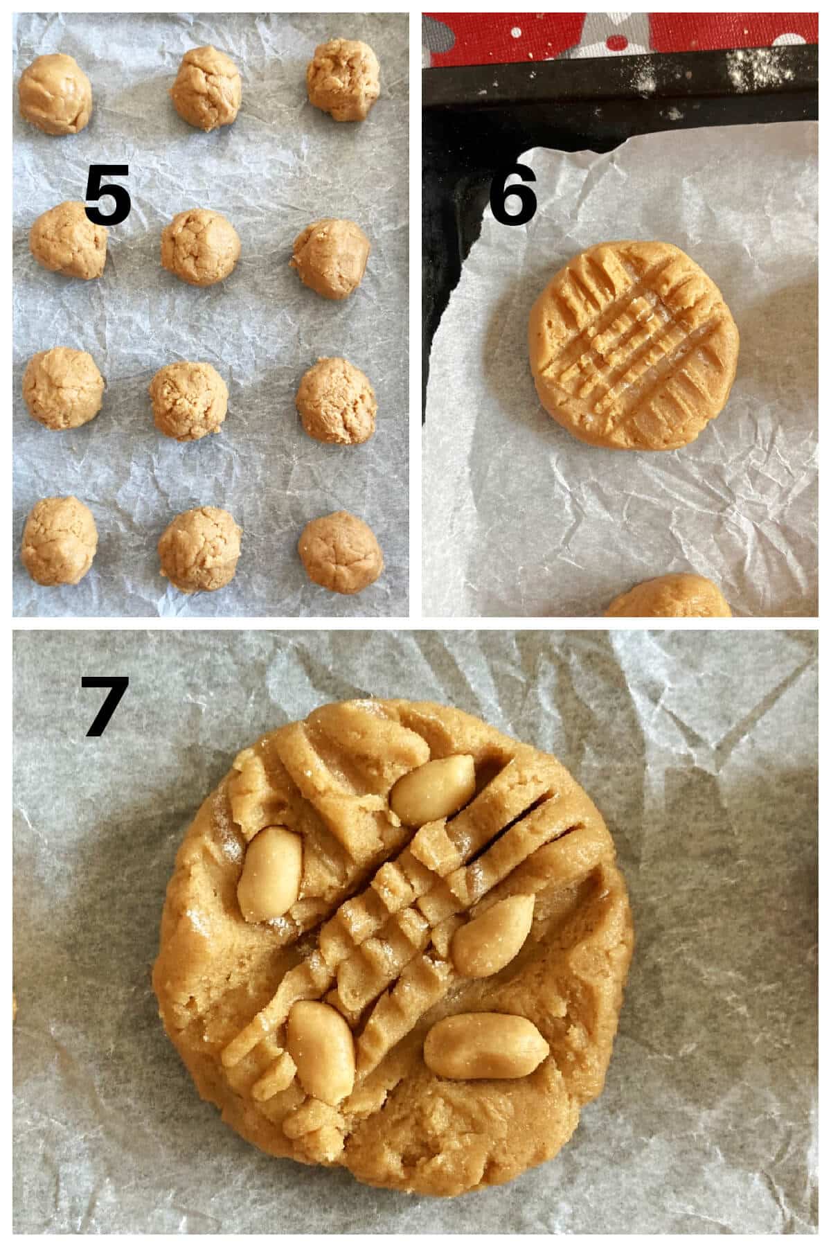 Collage of 3 photos to show how to make peanut butter cookies with salted peanuts.
