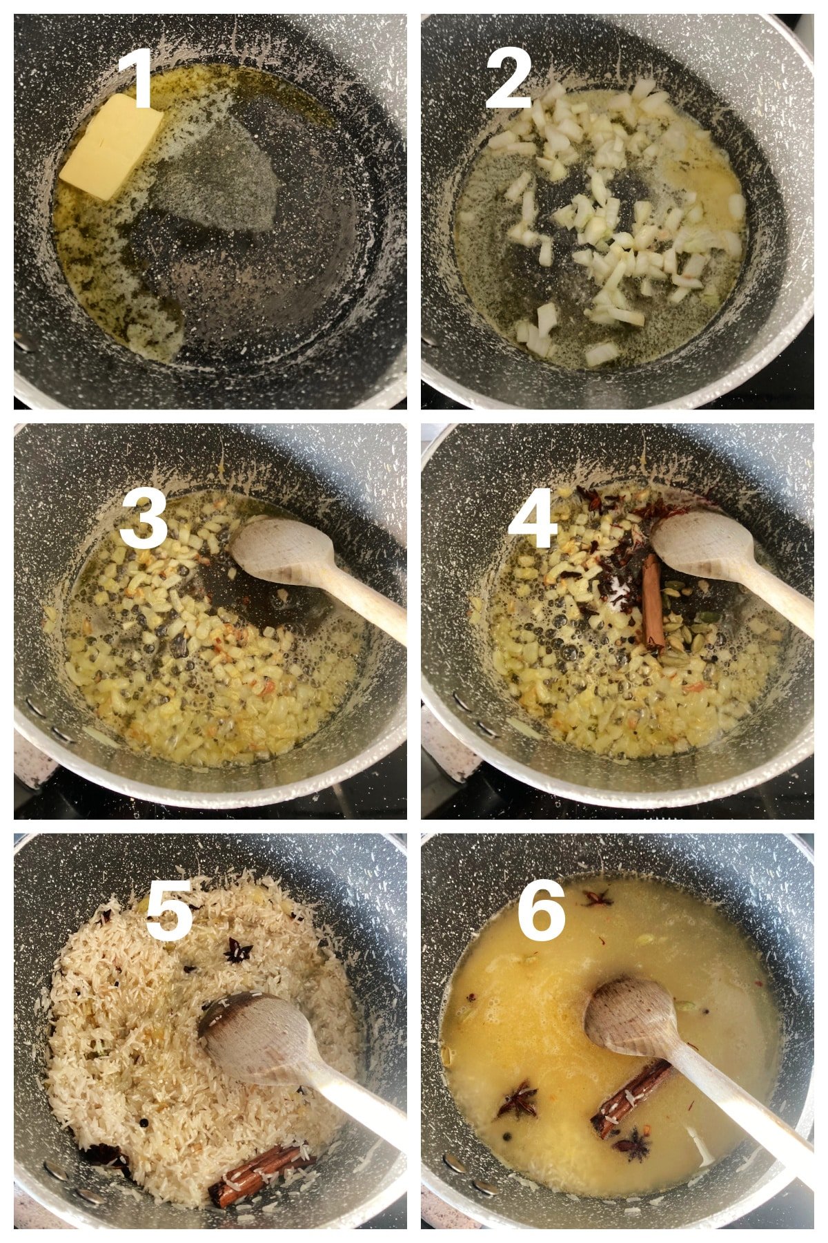 Collage of 6 photos to show how to make pilau rice.