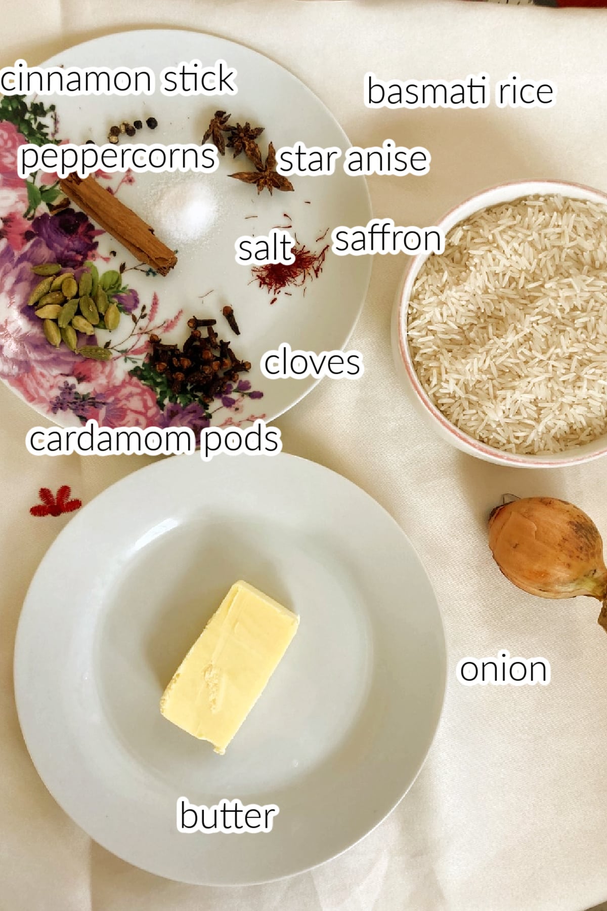 Ingredients needed to make pilau rice.