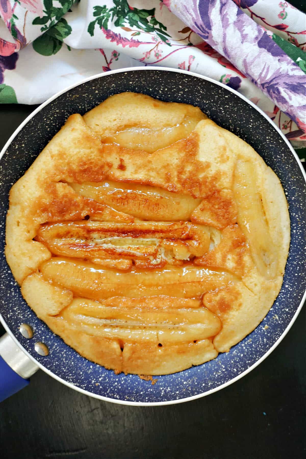 A pan with a banana upside down cake.