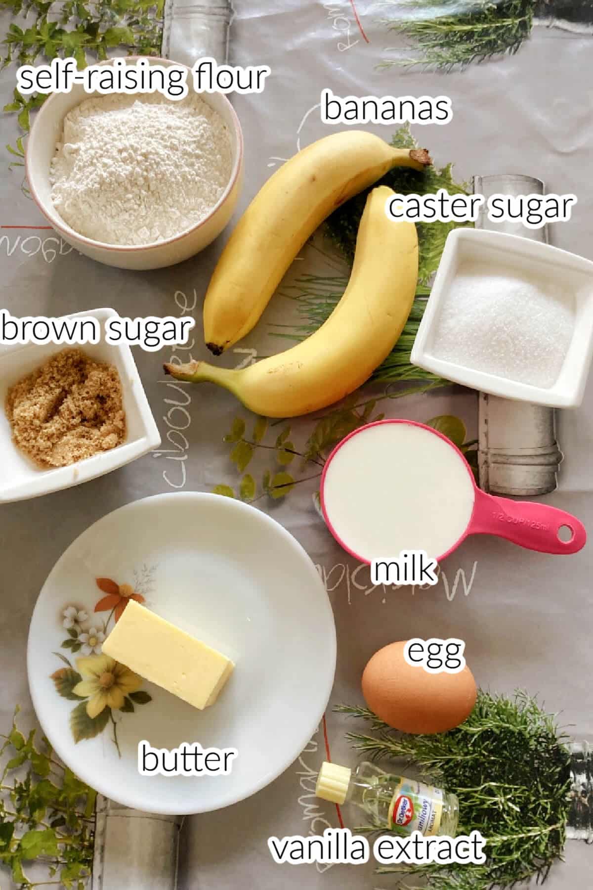 Ingredients needed to make upside down banana cake.