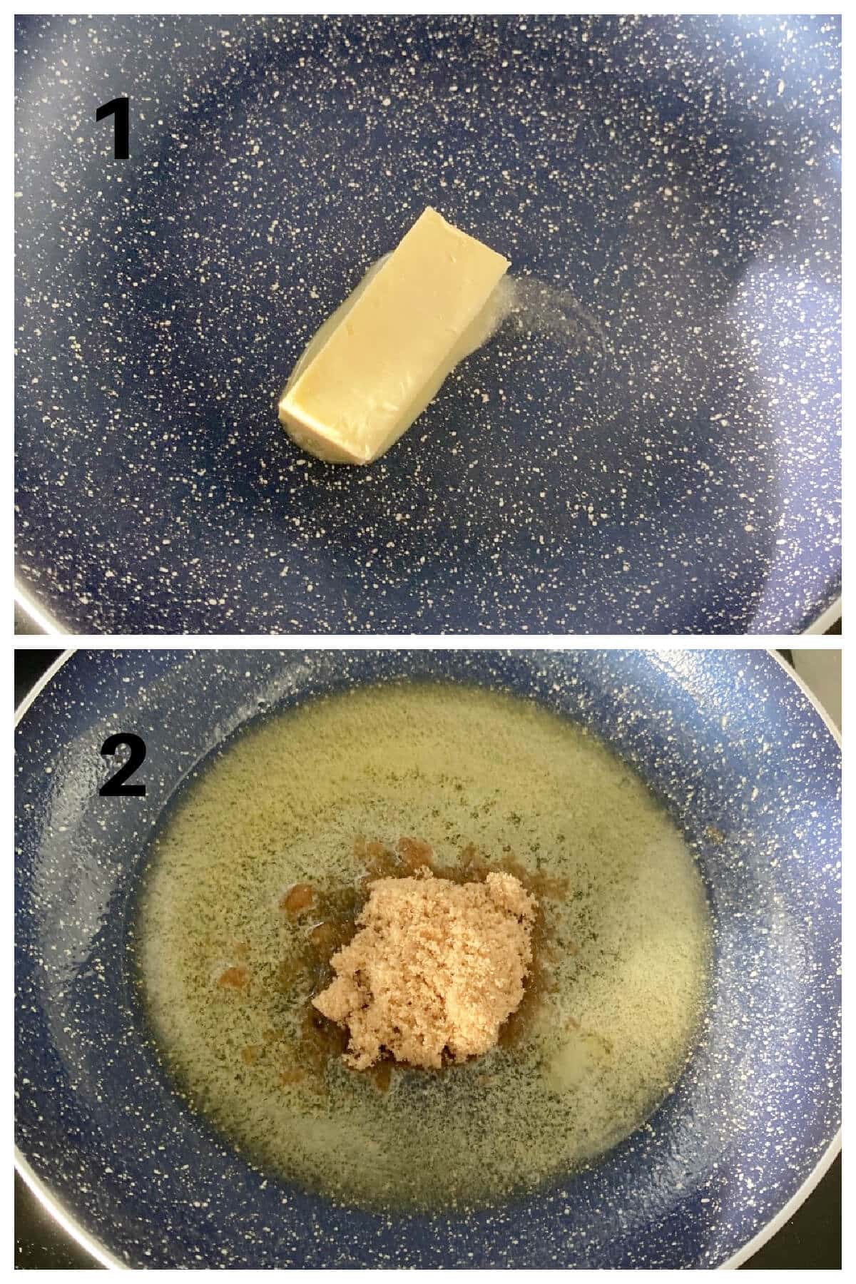 Collage of 2 photos to show how to make caramel for upside down cake.