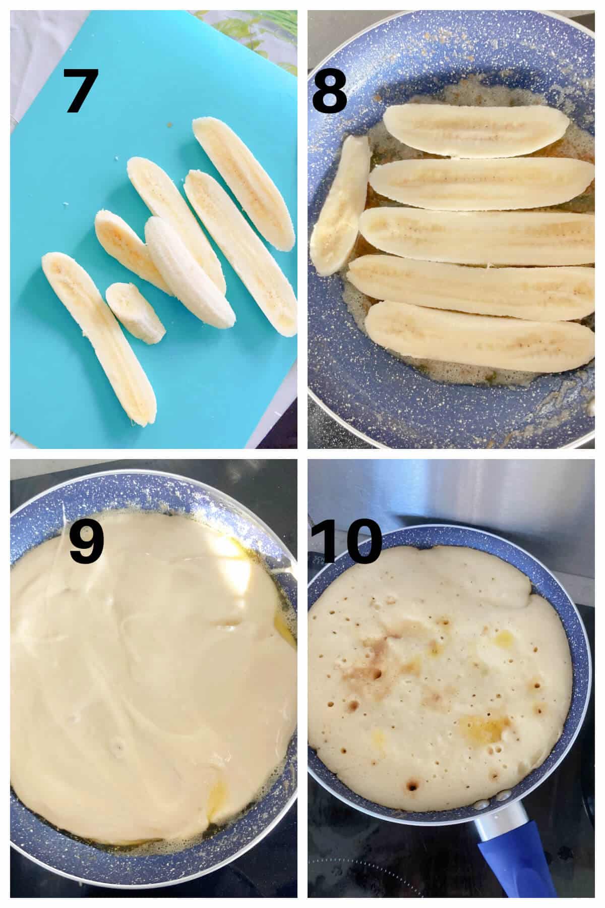 Collage of 4 photos to show how to make cake in a pan.