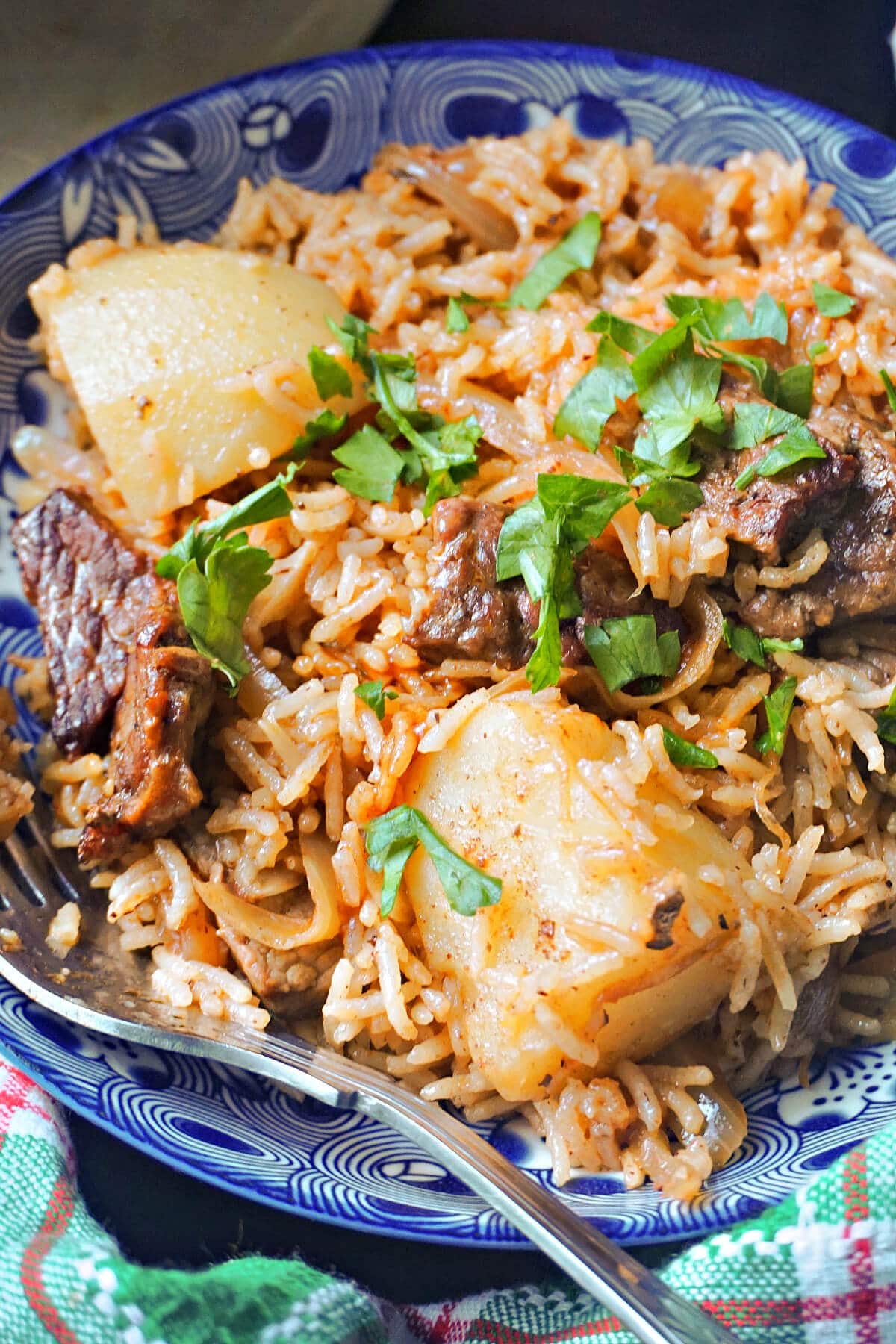 A blue plate with beef pilau.