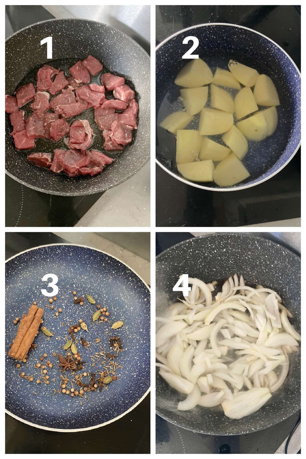 Collage of 4 photos to show how to make beef pilau rice.