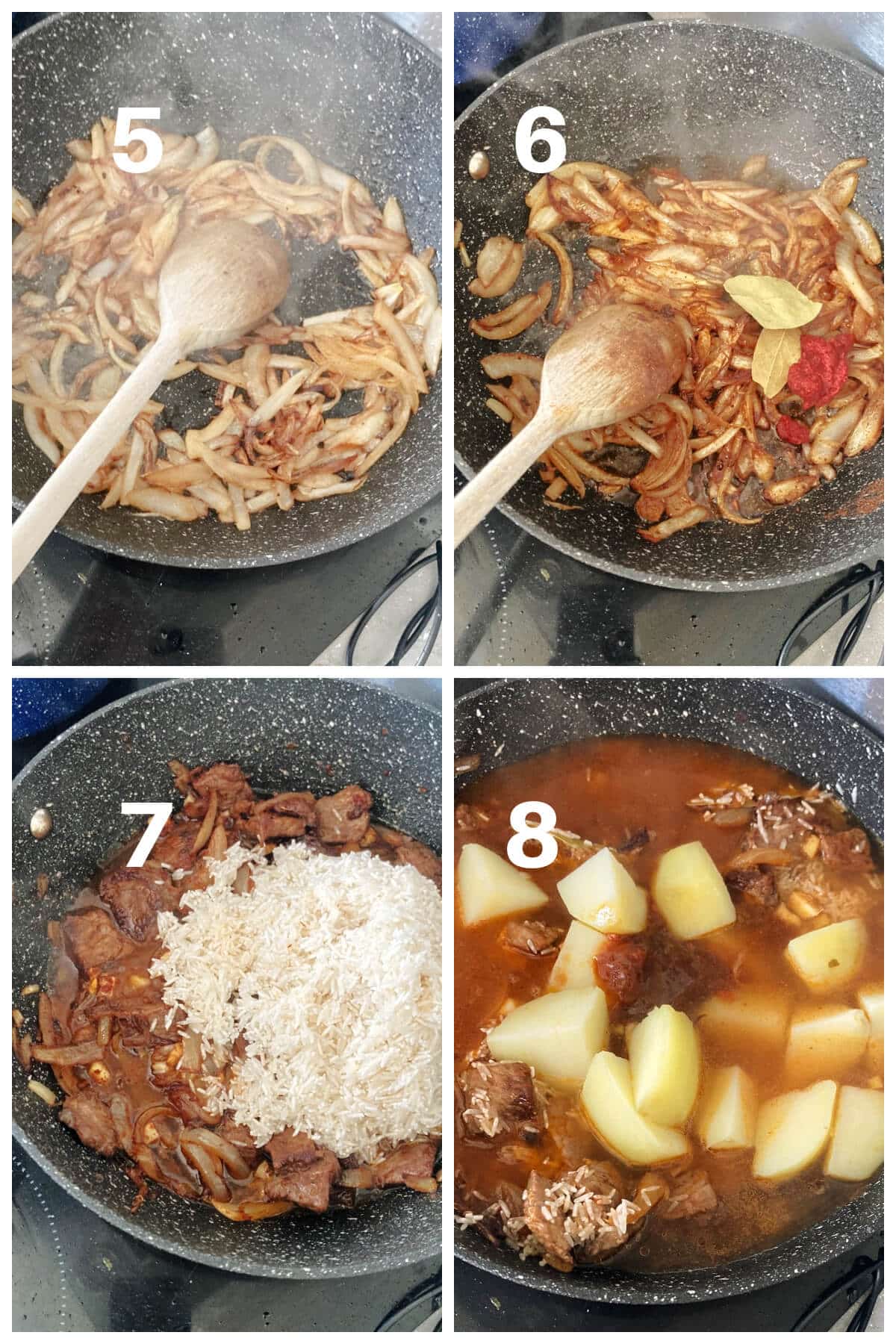 Collage of 4 photos to show how to cook pilau with beef.