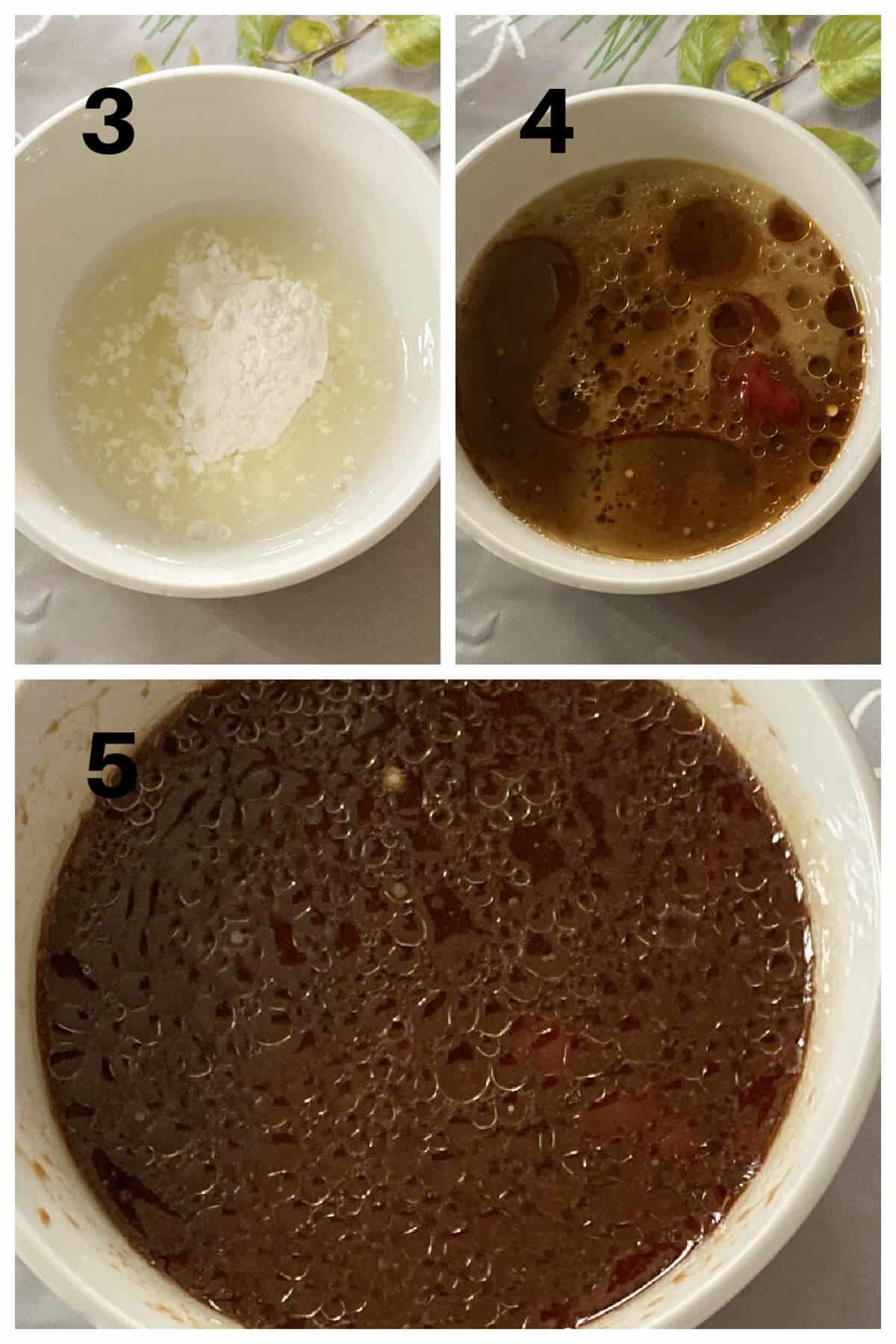 Collage of 3 photos to show how to make sweet and sour sauce.