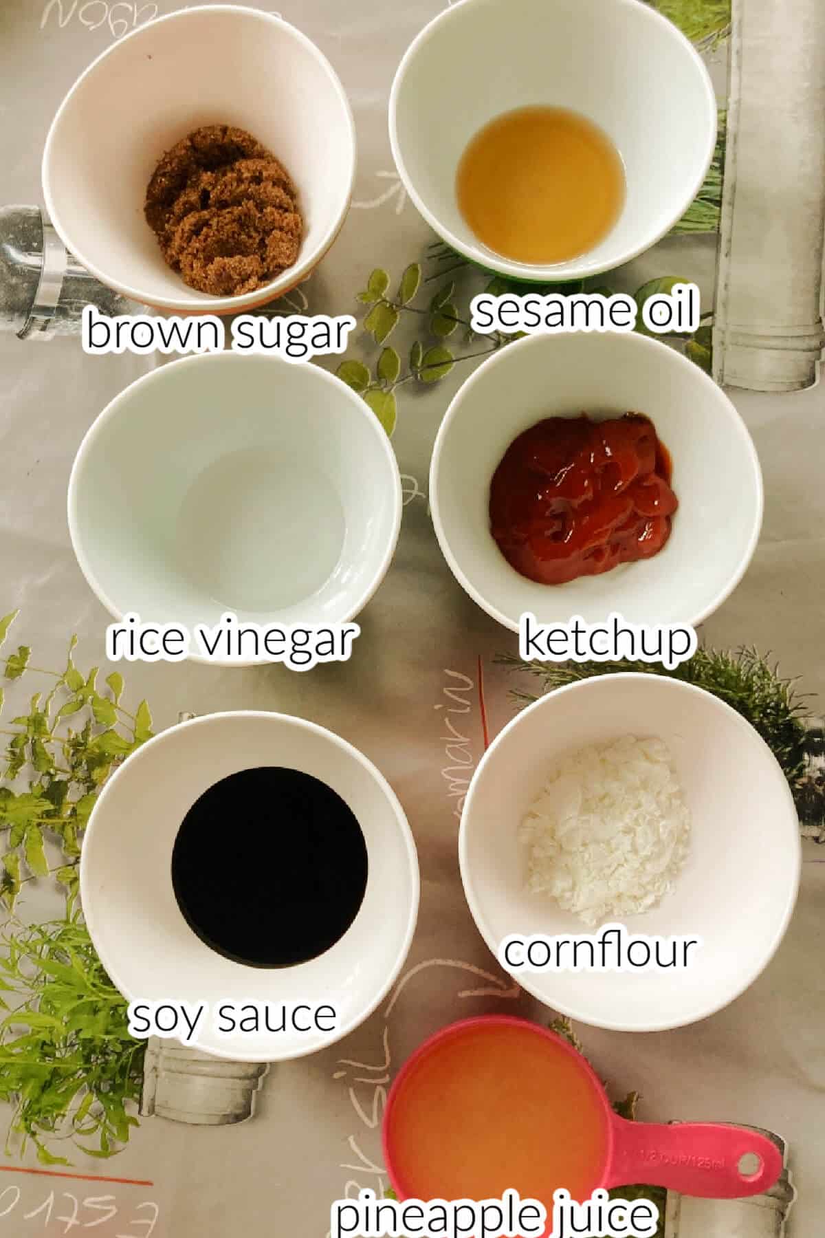 Ingredients needed to make sweet and sour sauce.