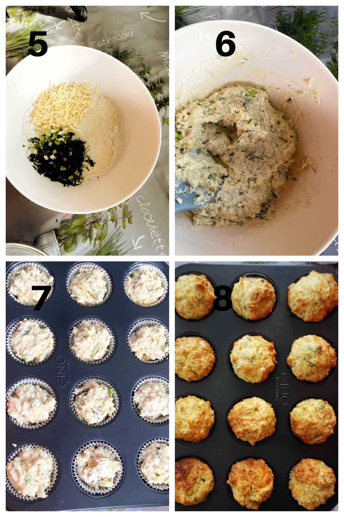 Collage of 4 photos to show how to make savoury muffins.