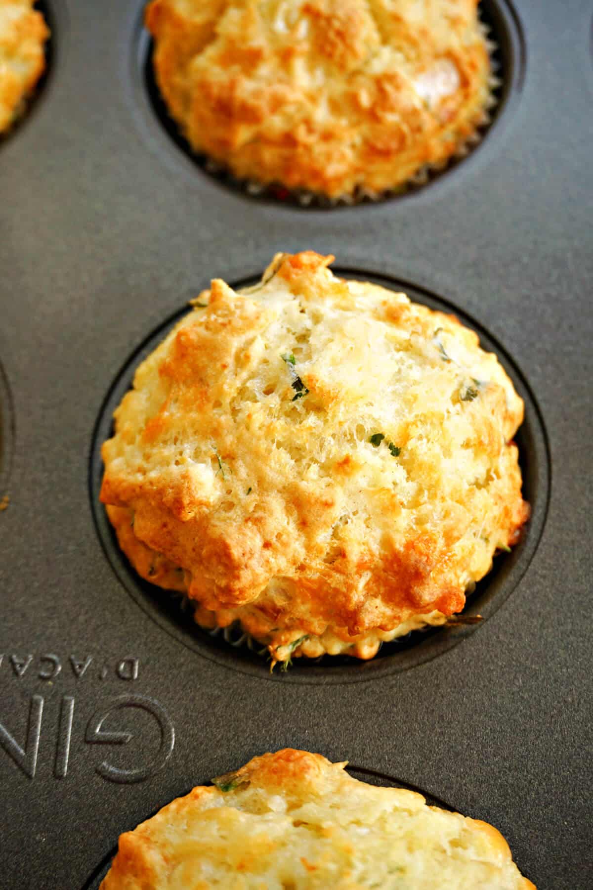 Close-up shoot of a muffin in a muffin tin.