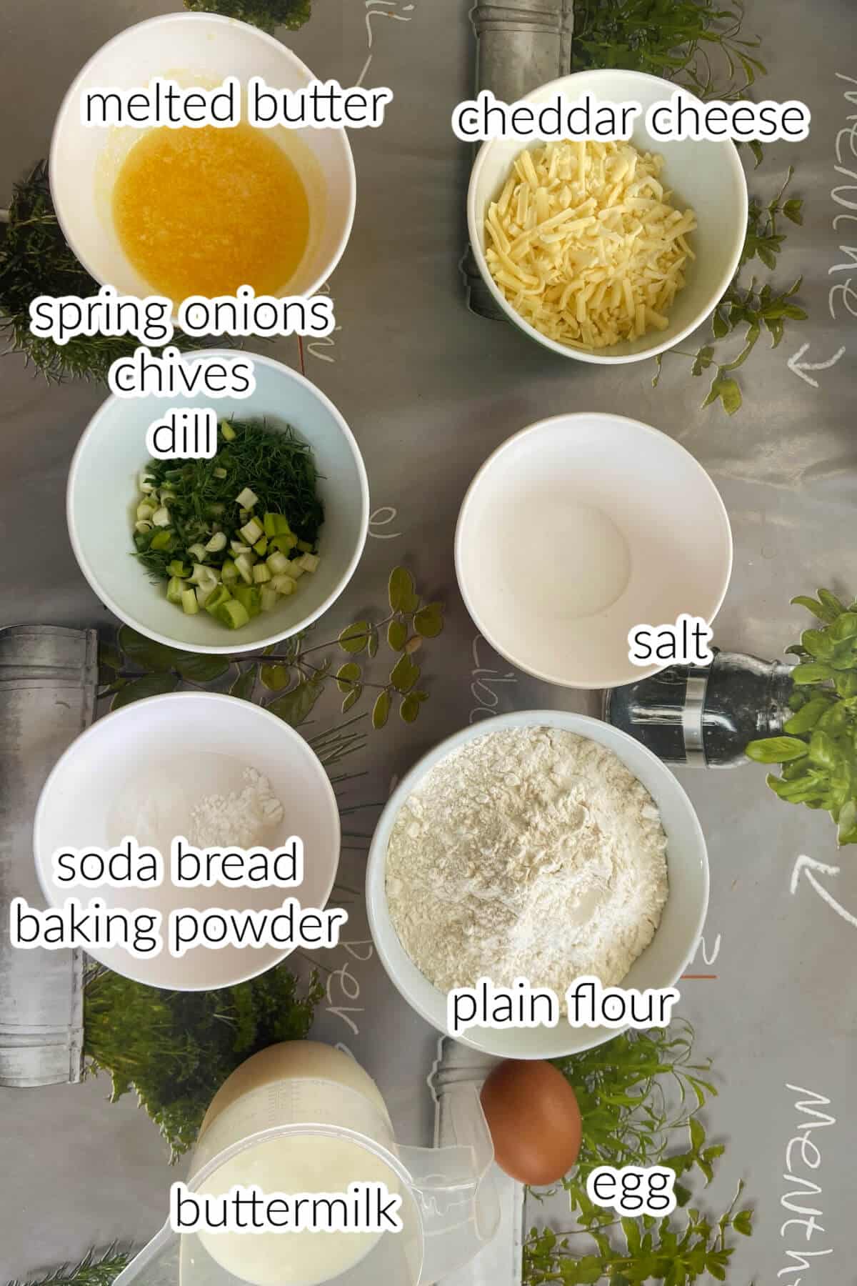 Ingredients needed to make soda bread muffins.