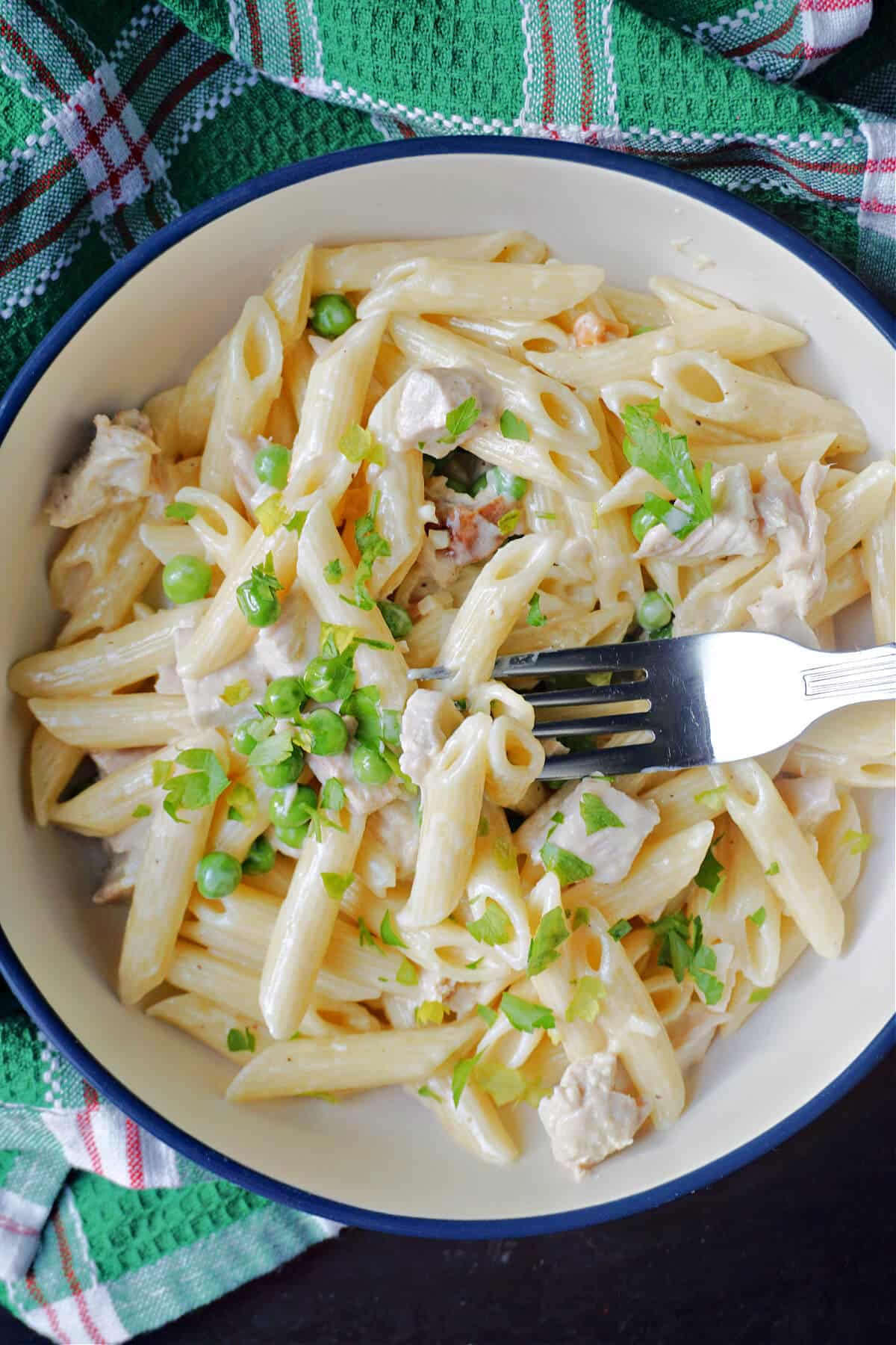 A white bowl with alfredo pasta with leftover turkey and peas.