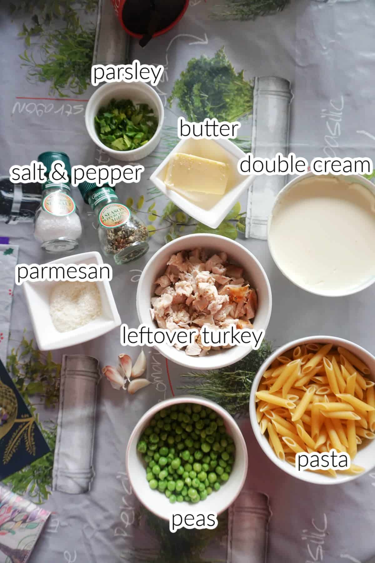 Ingredients needed to make leftover turkey pasta.
