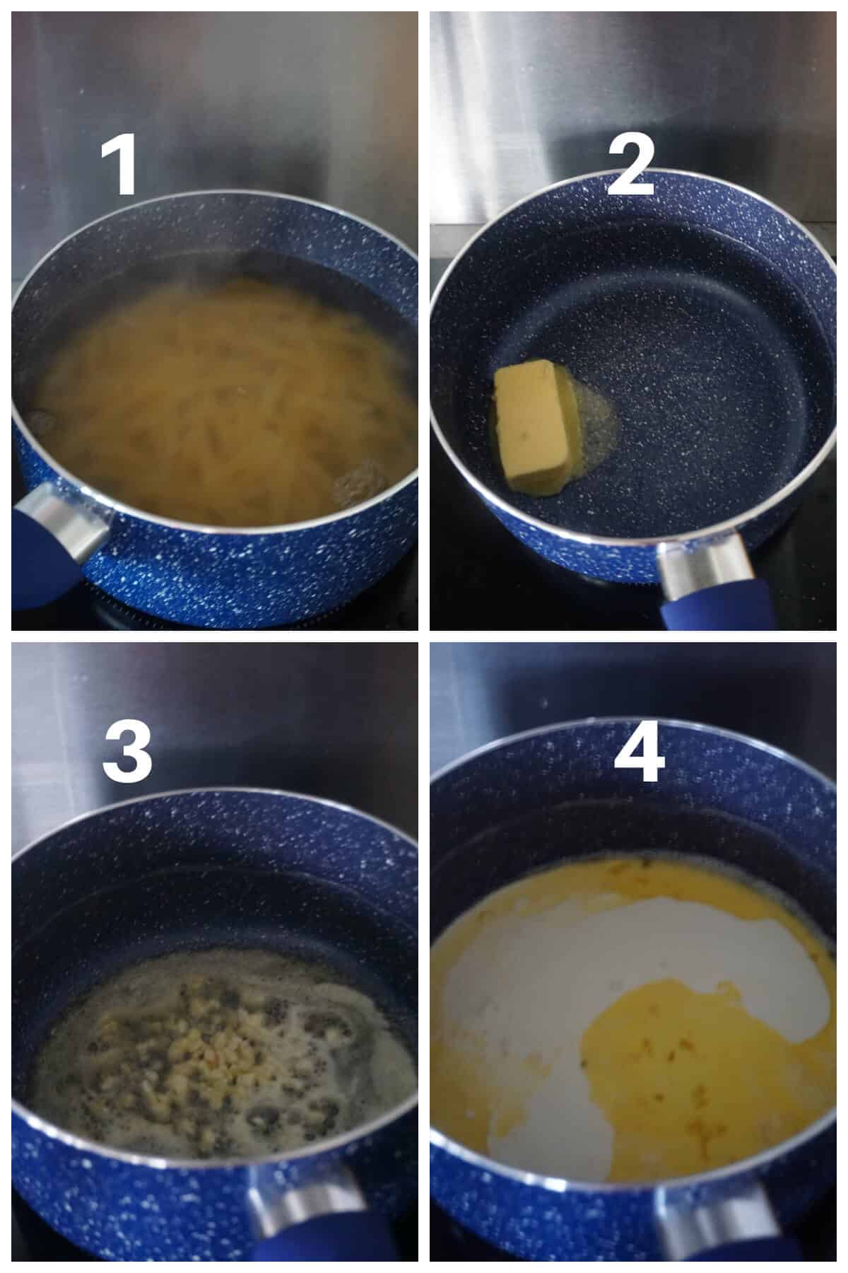 Collage of 4 photos to show how to make leftover turkey alfredo pasta.