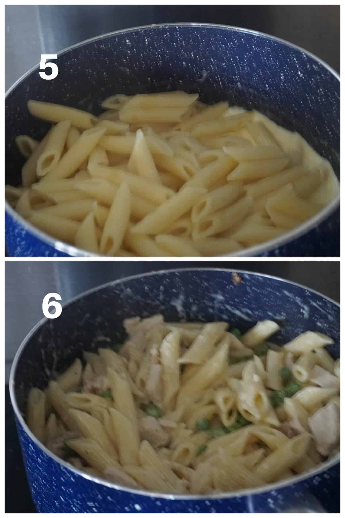Collage of 2 photos to show how to make alfredo pasta with turkey.