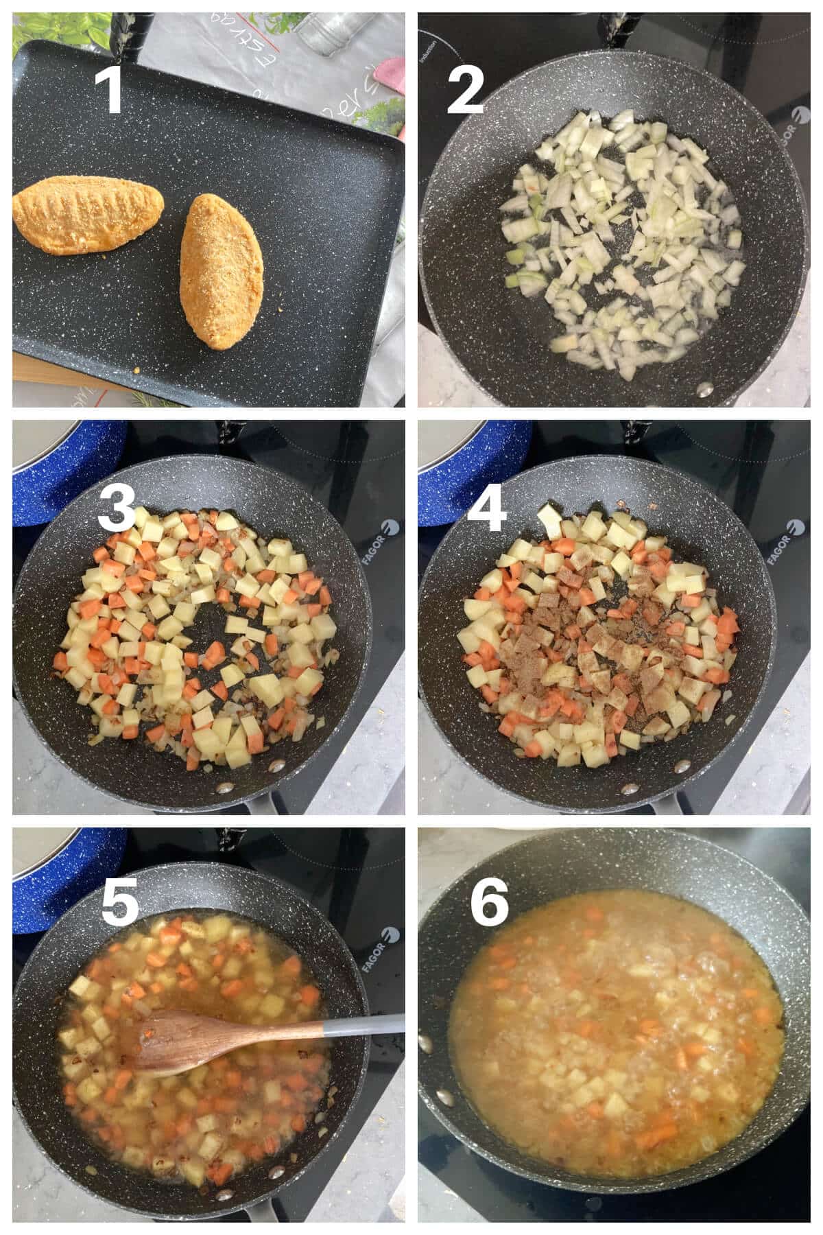 Collage of 6 photos to show how to make Quorn katsu curry.