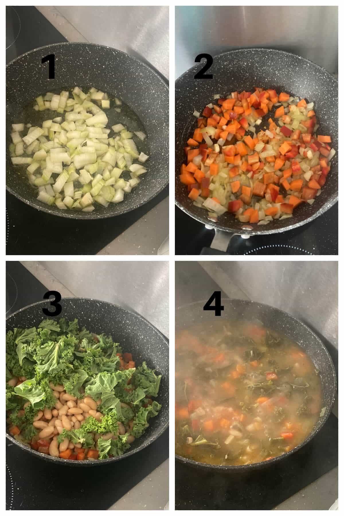 Collage of 4 photos to show how to make kale and bean soup.