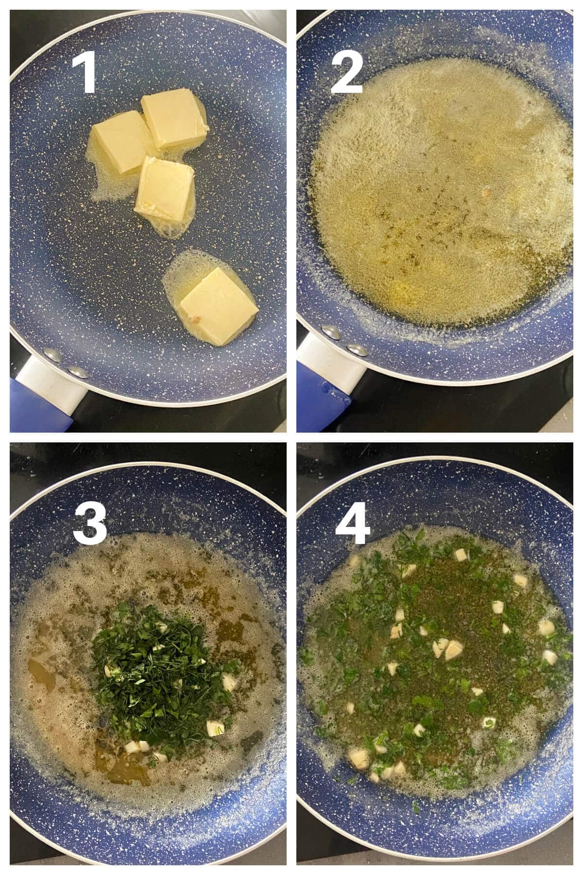 Collage of 4 photos to show how to make lemon garlic butter sauce.