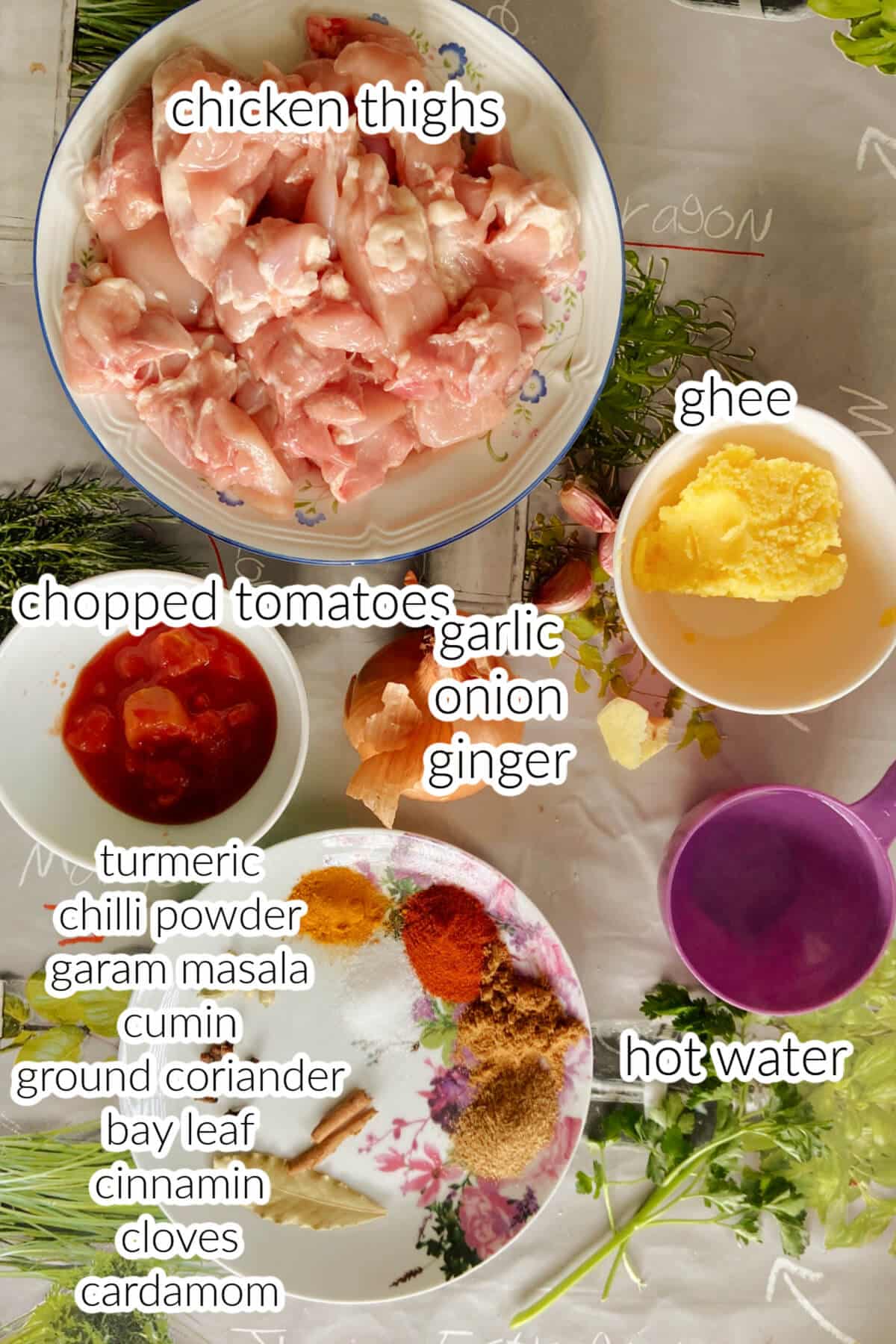 Ingredients needed to make chicken masala.