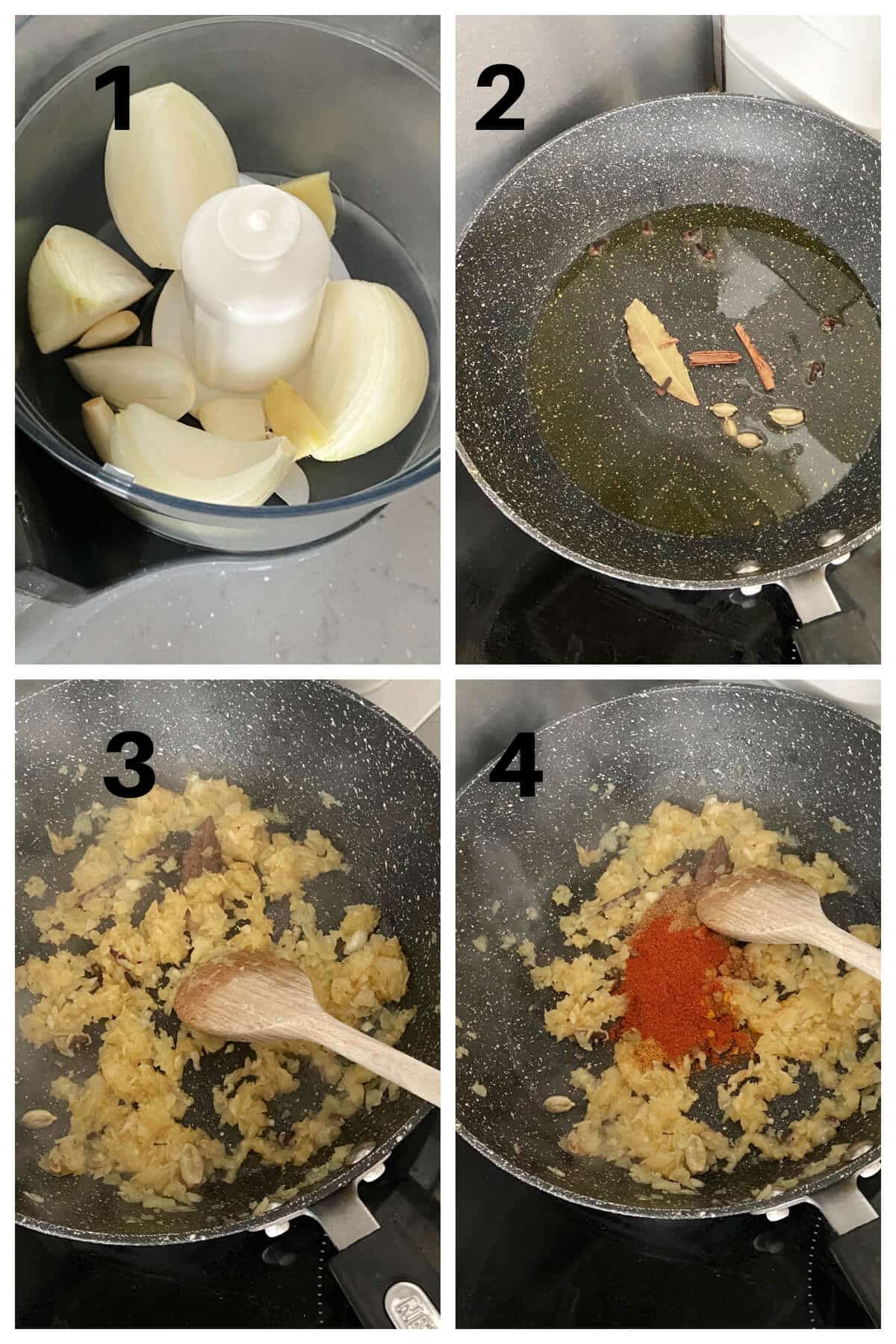 Collage of 4 photos to show how to make chicken masala.