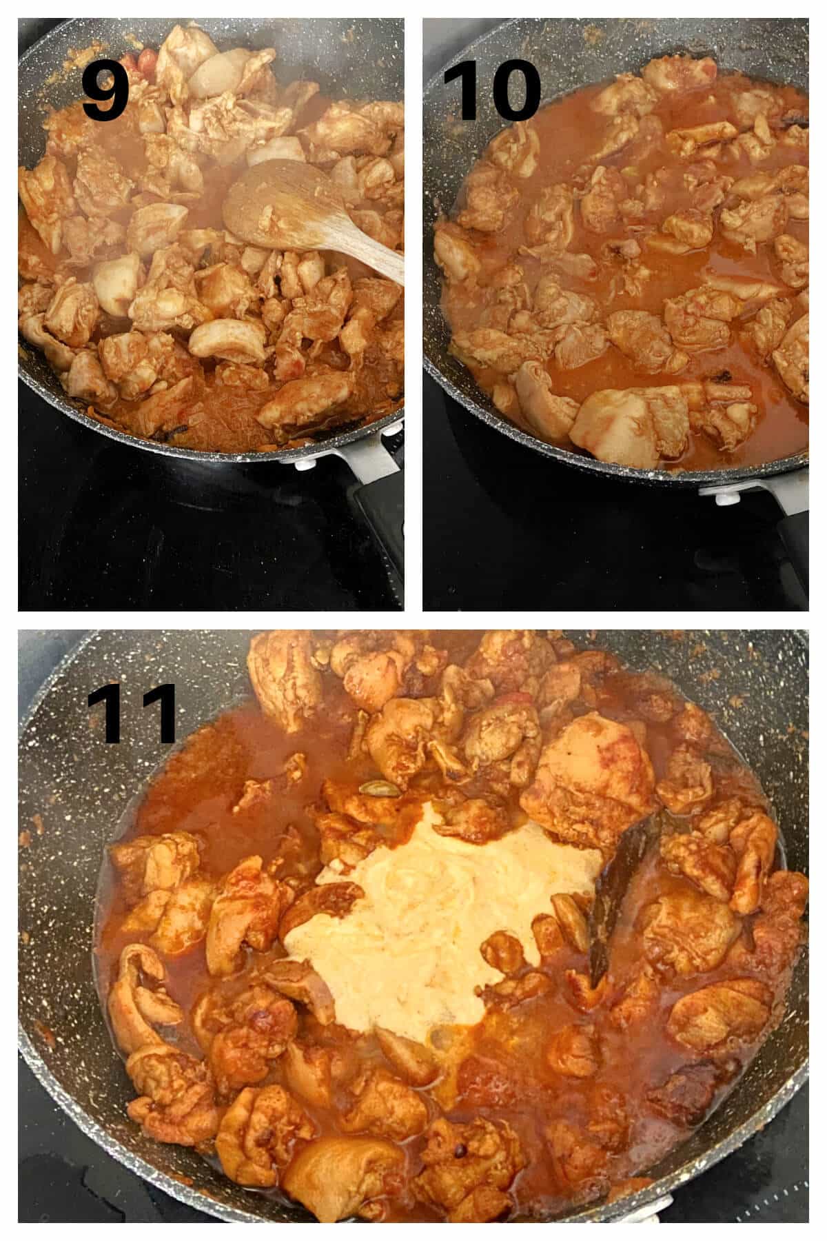 Collage of 3 photos to show how to make murgh masala.