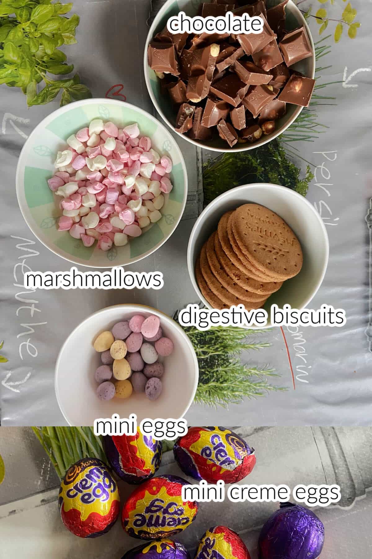 Ingredients used to make mini egg rocky road.