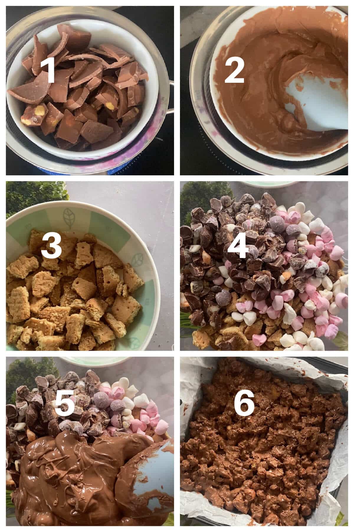 Collage of 6 photos to show how to make Easter rocky road.