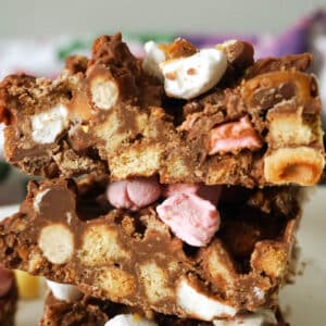 A stack of 3 slices of Easter Rocky Road.
