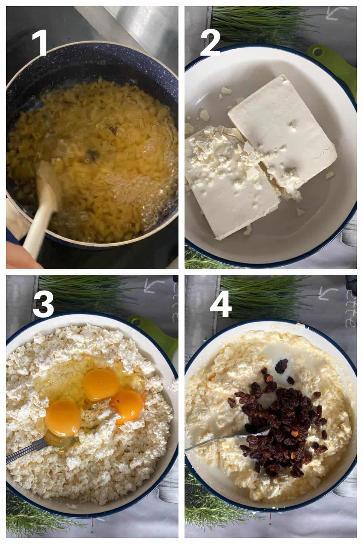 Collage of 4 photos to show how to make macaroni pudding.