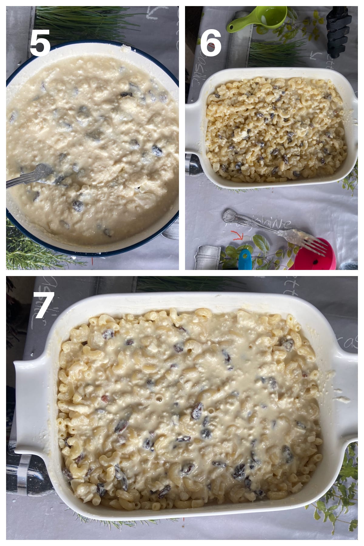 Collage of 3 photos to show how to make sweet pasta pudding.