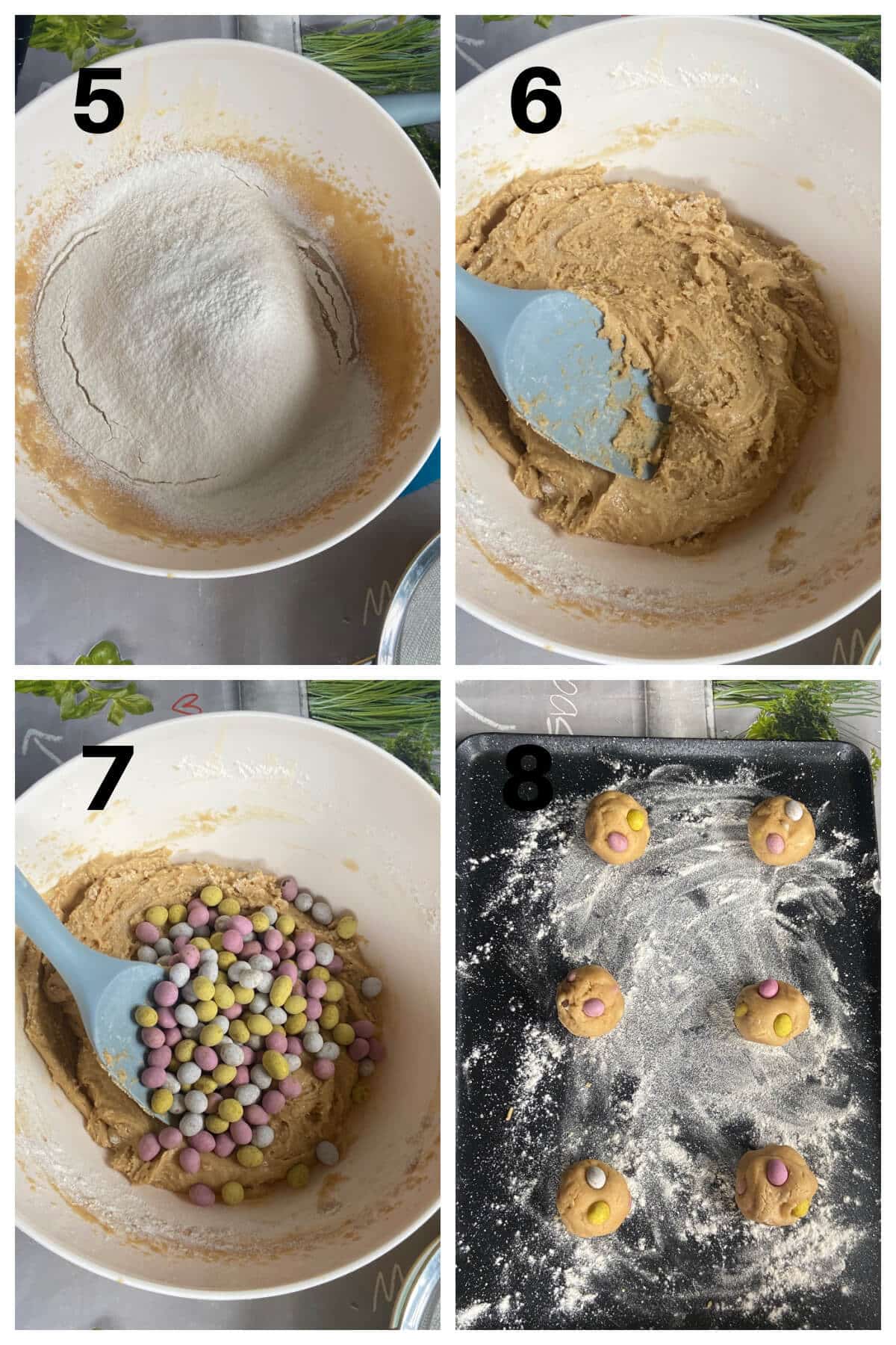Collage of 4 photos to show how to make mini chocolate egg cookies.