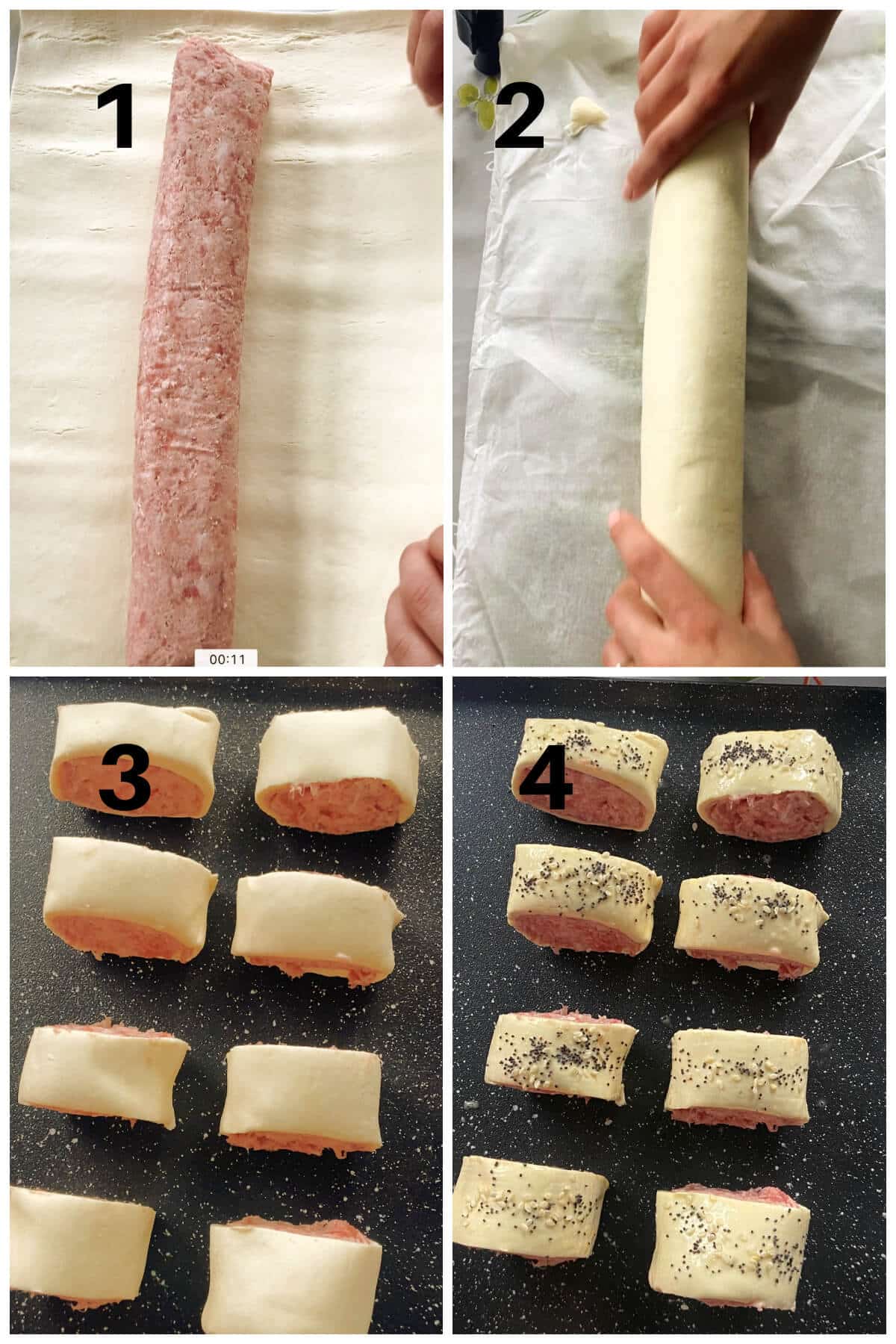 Collage of 4 photos to show how to make mini sausage rolls.
