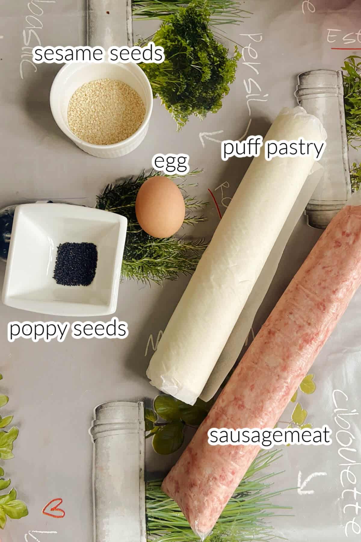 Ingredients needed to make sausage rolls.