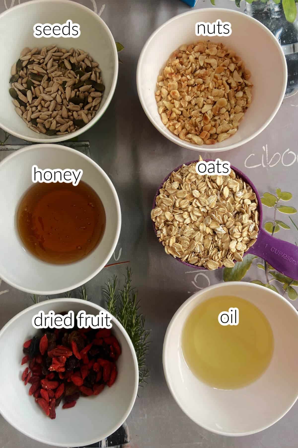 Ingredients needed to make granola.