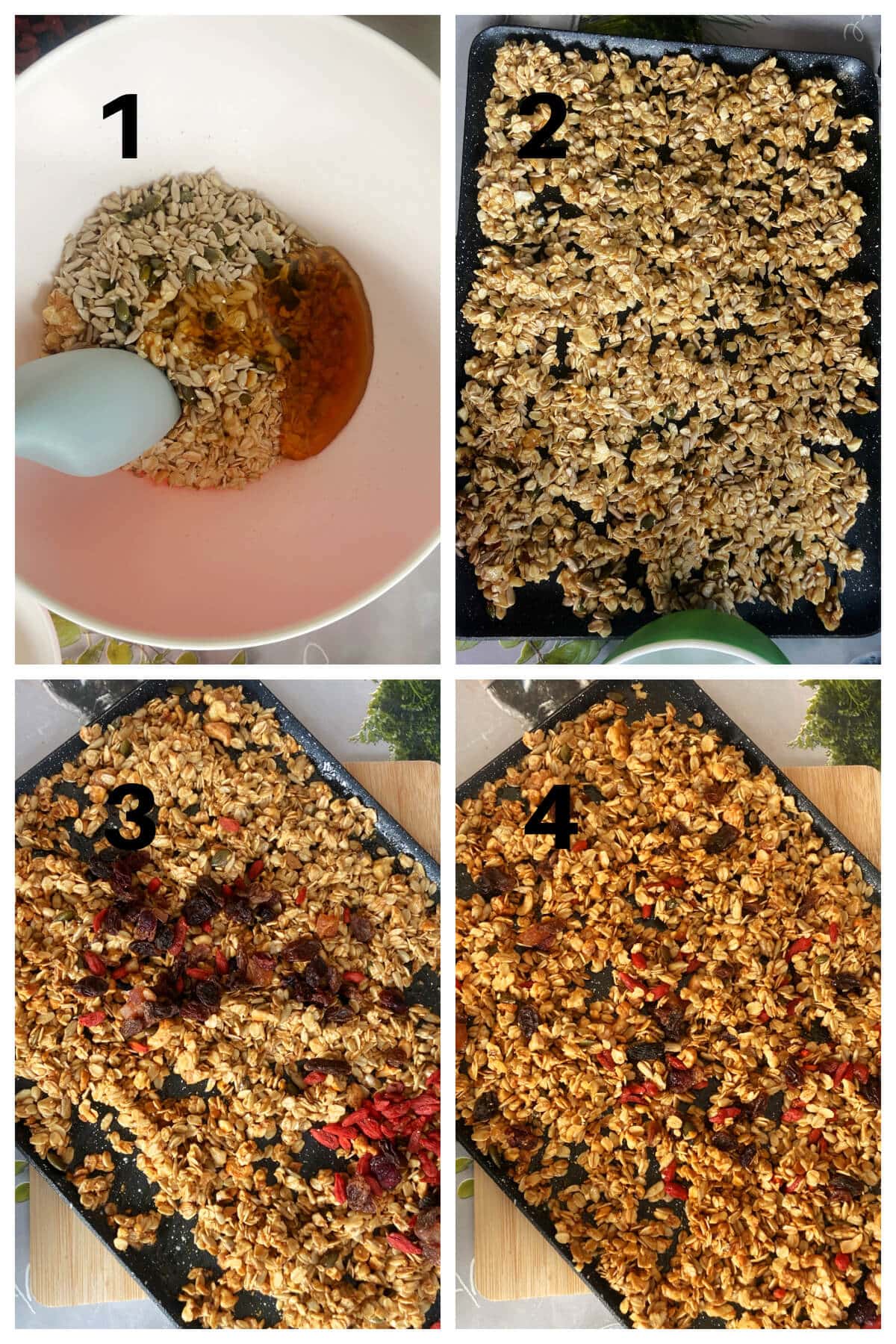 Collage of 4 photos to show how to make granola.