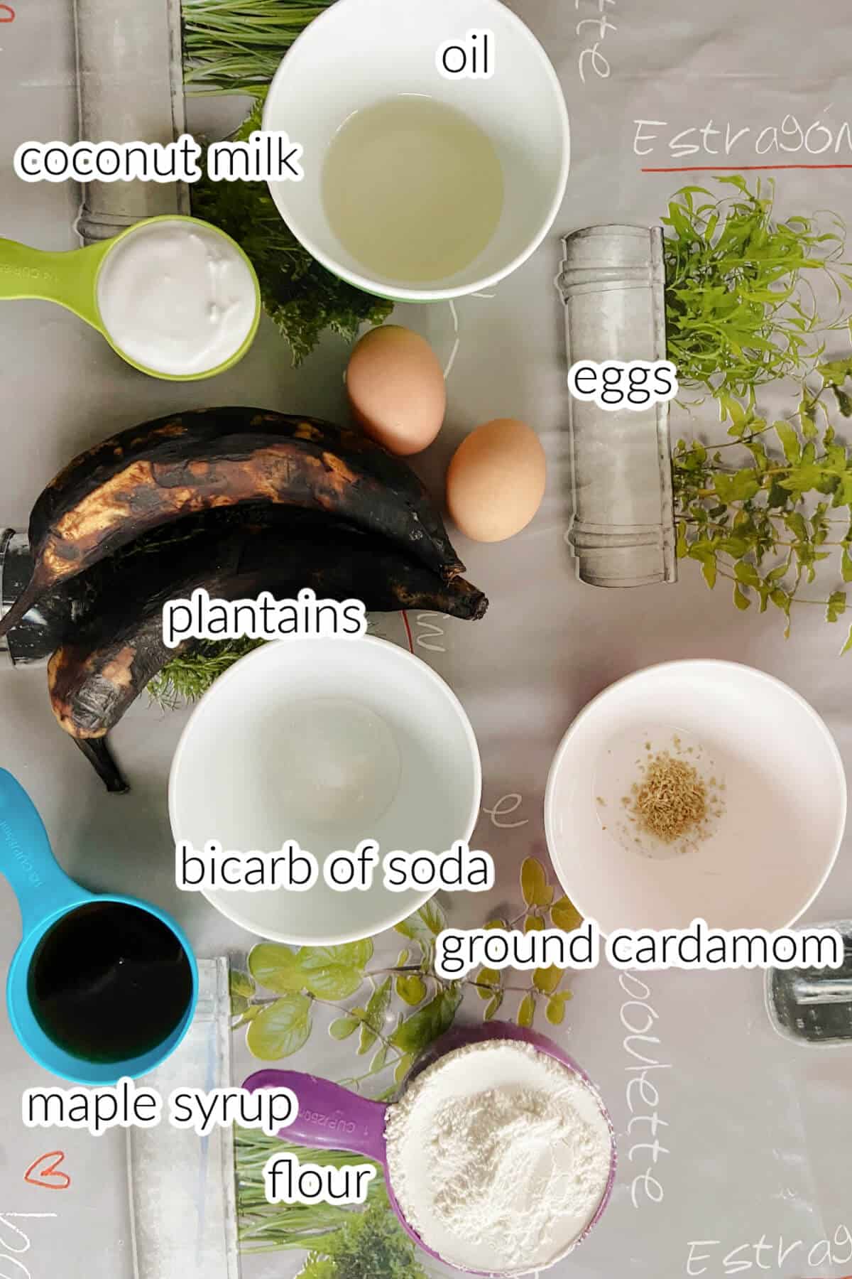 Ingredients used to make plantain cake.