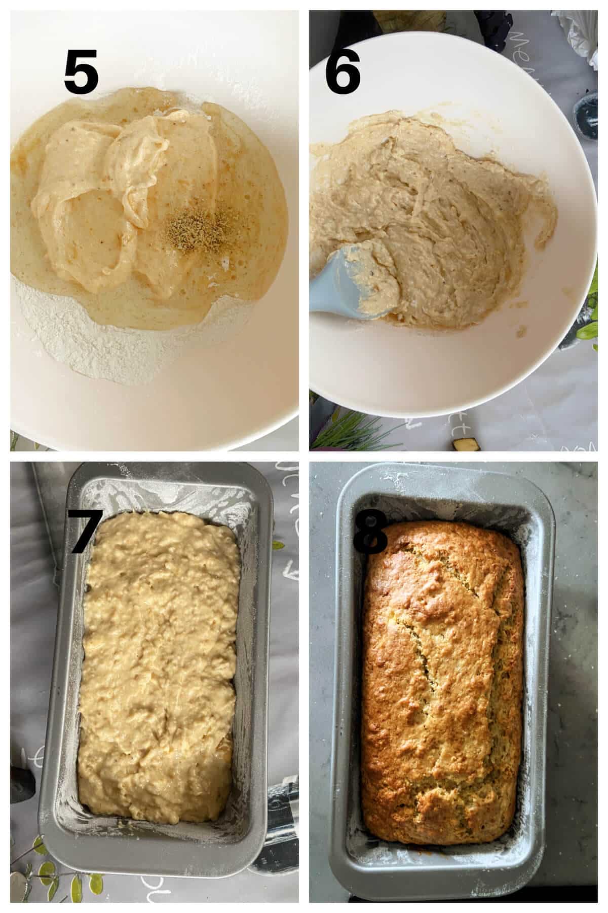 Collage of 4 photos to show how to make plantain cake.