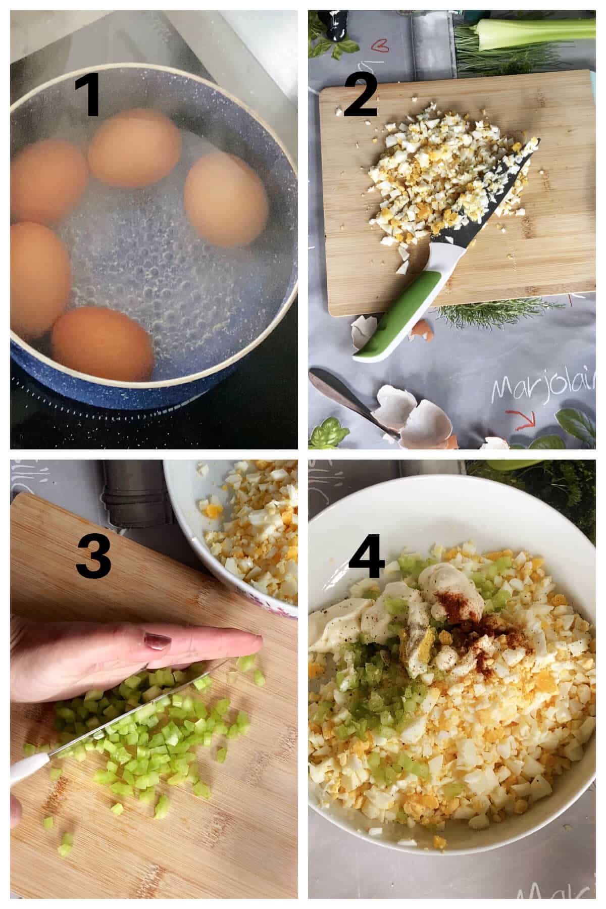 Collage of 4 photos to show how to make deviled egg sandwich.