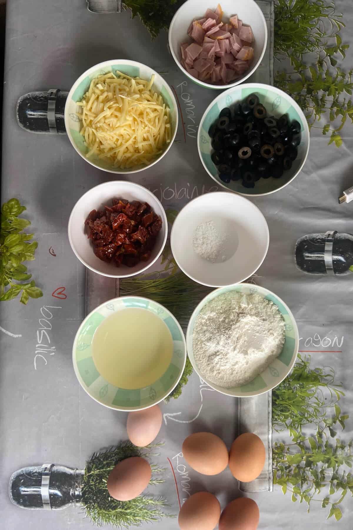 Ingredients needed to make savoury party bread.