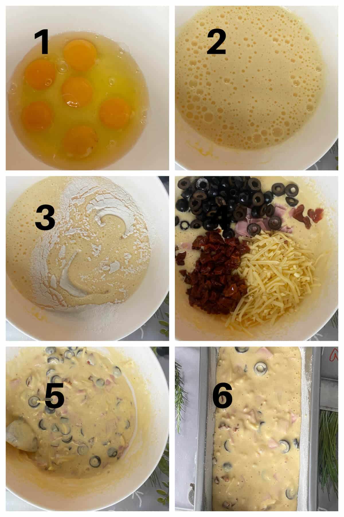 Collage of 6 photos to show how to make a savoury cake loaf.