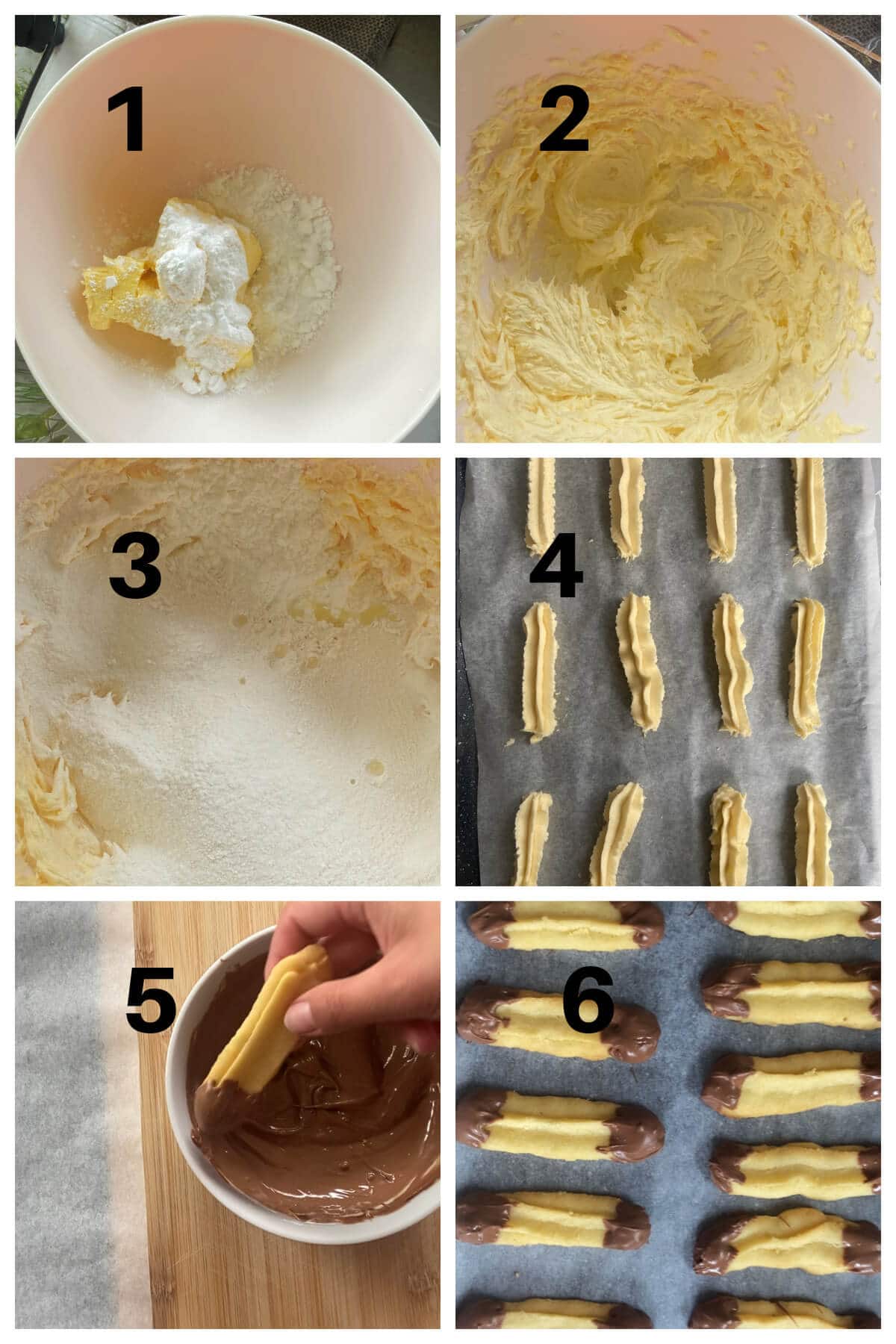Collage of 6 photos to show how to make Viennese shortbread biscuits.
