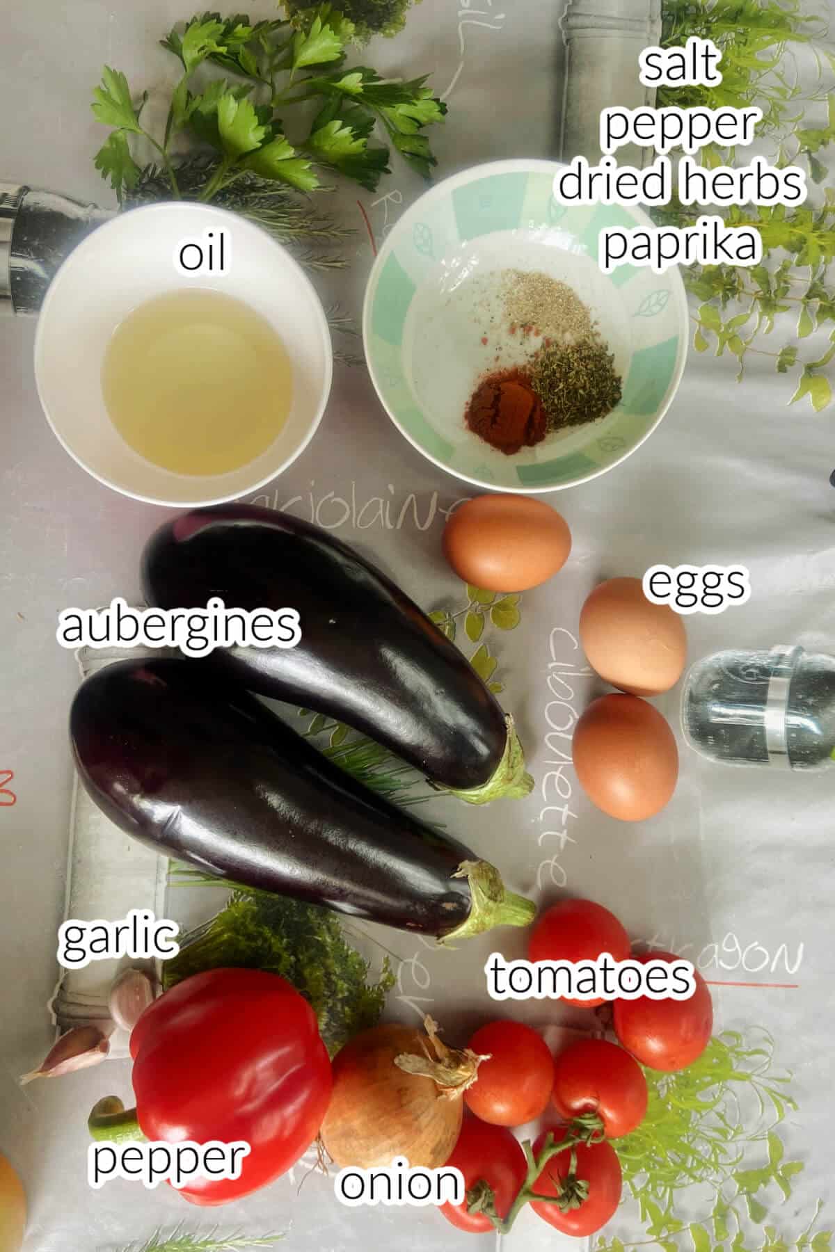 Ingredients used to make aubergine shakshuka.