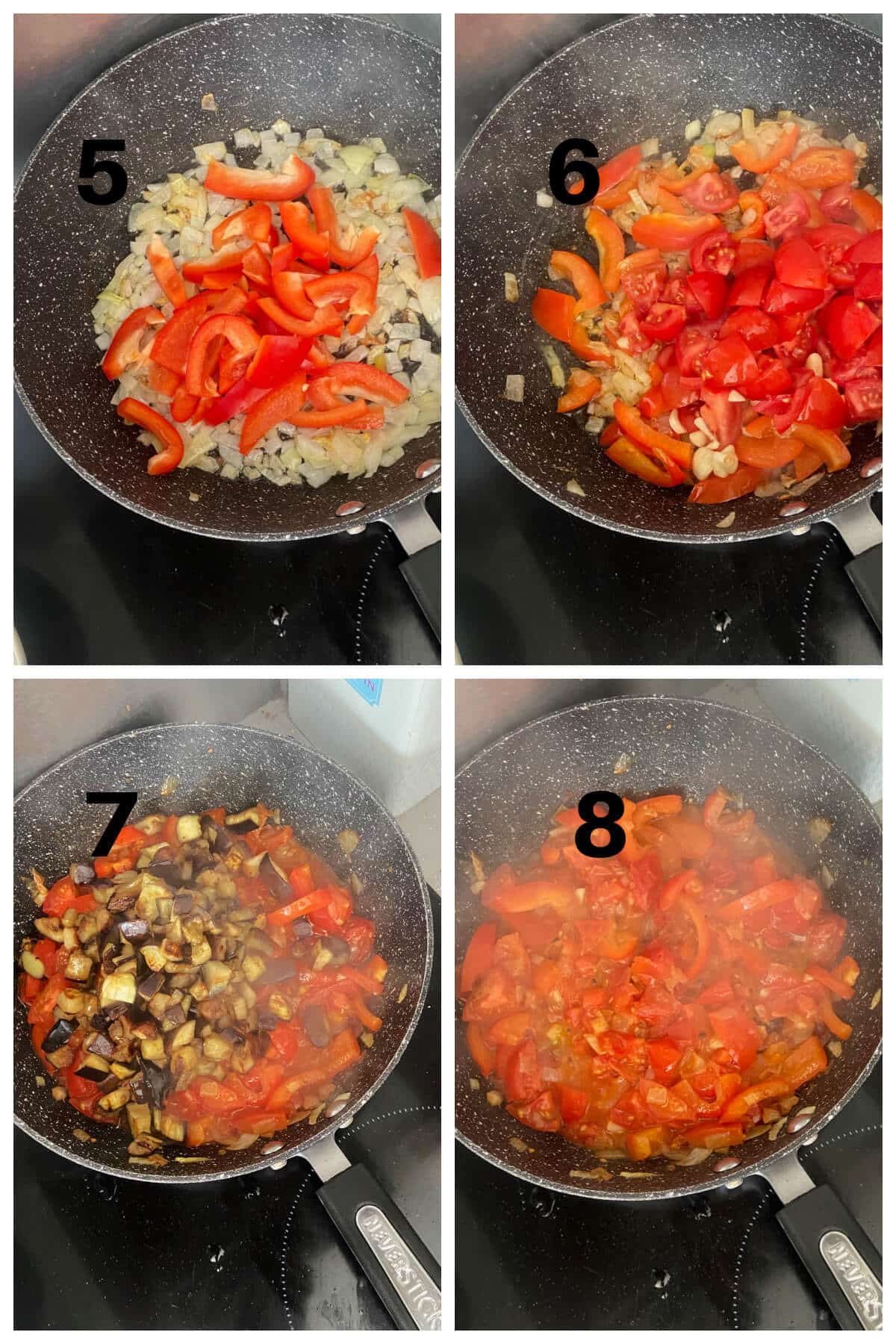 Collage of 4 photos to show how to make shakshuka with aubergines.