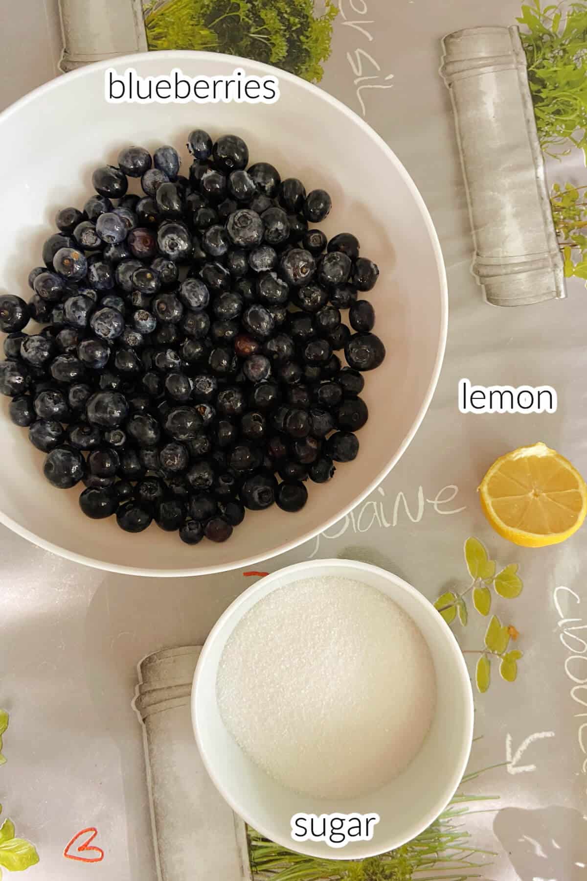 Ingredients used to make blueberry jam.