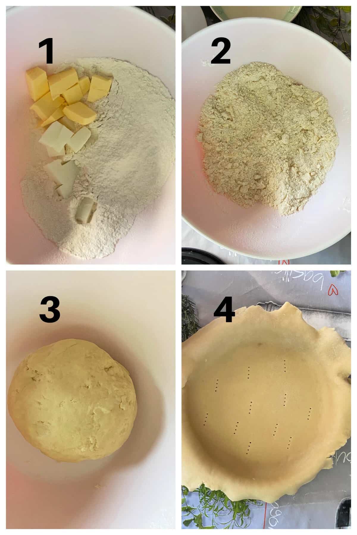 Collage of 4 photos to show how to make shortcrust pastry.