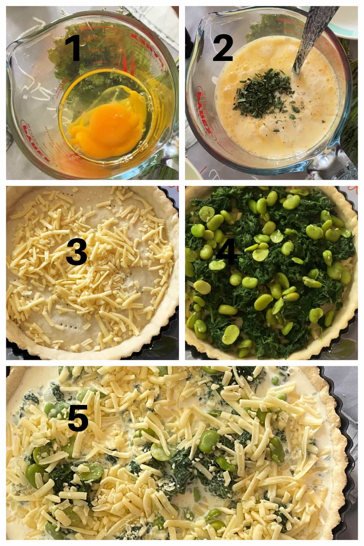 Collage of 5 photos to show how to make the filling for the quiche.